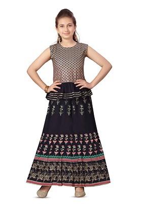 Navy Blue Printed Cotton Blend Lehenga Choli For Girls