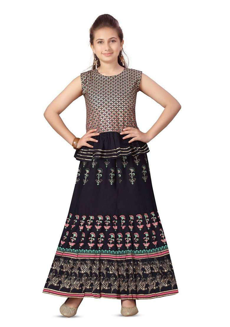 Navy Blue Printed Cotton Blend Lehenga Choli For Girls - Indya