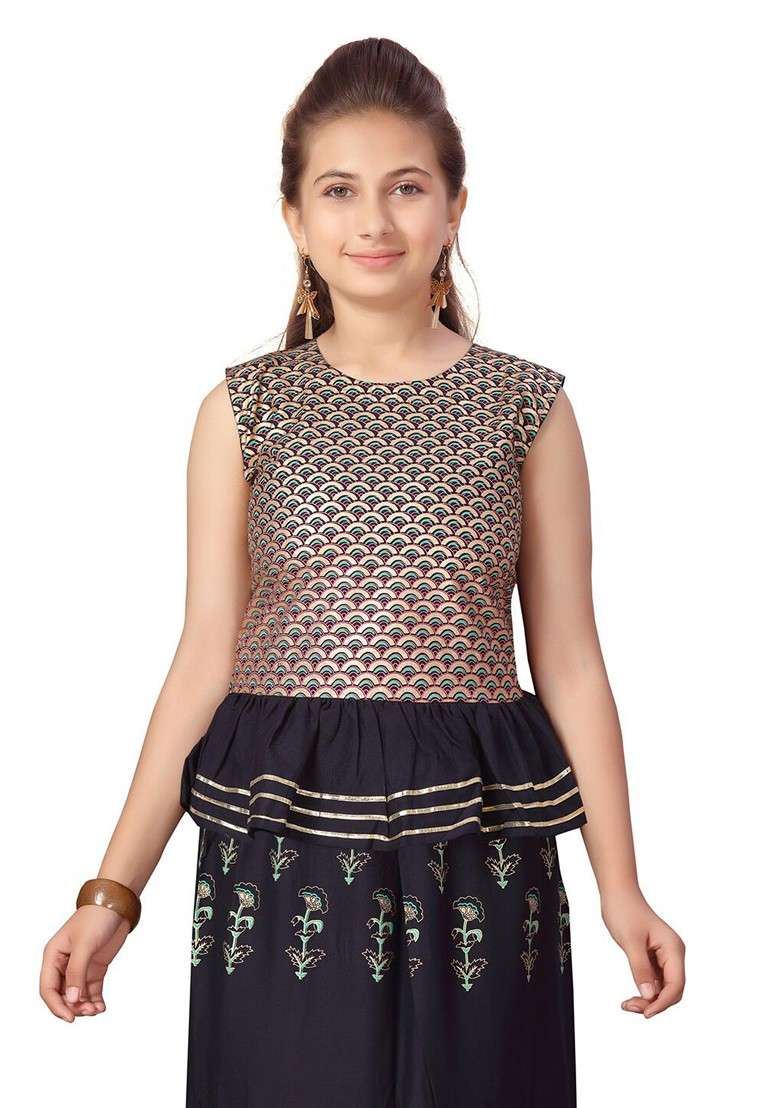 Navy Blue Printed Cotton Blend Lehenga Choli For Girls - Indya