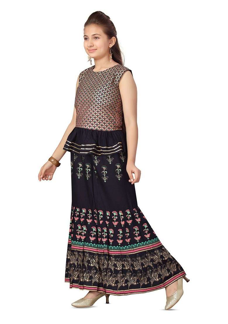 Navy Blue Printed Cotton Blend Lehenga Choli For Girls - Indya