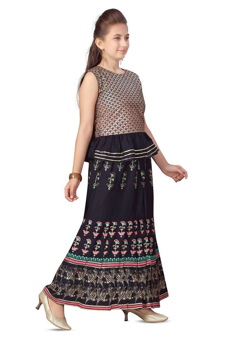 Navy Blue Printed Cotton Blend Lehenga Choli For Girls - Indya
