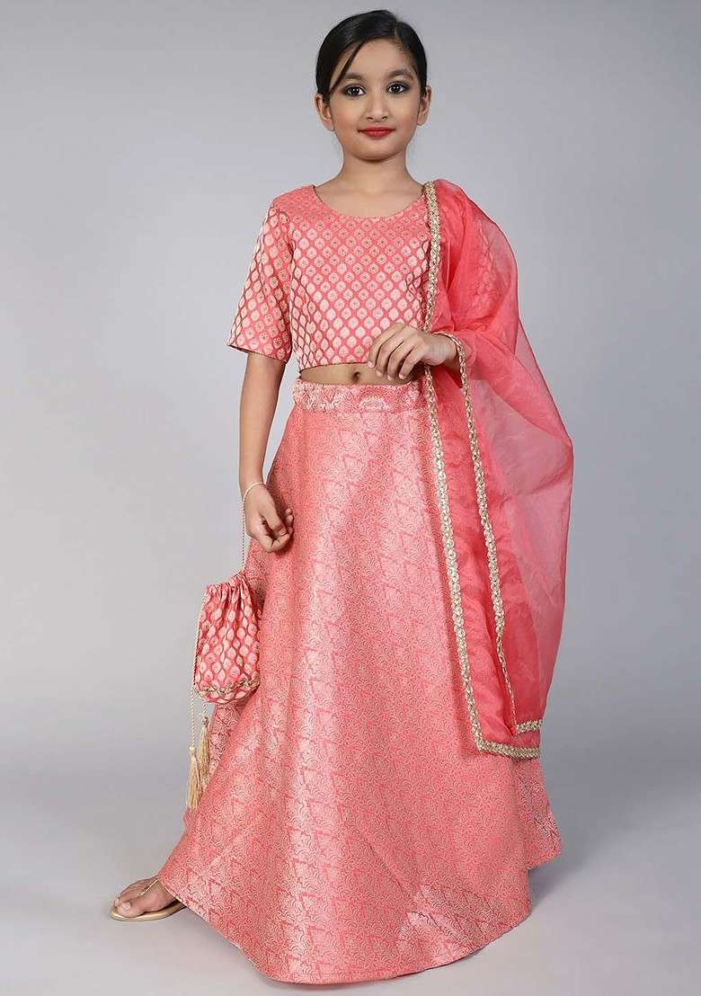 Peach Embroidered Blended Lehenga Choli For Girls - Indya