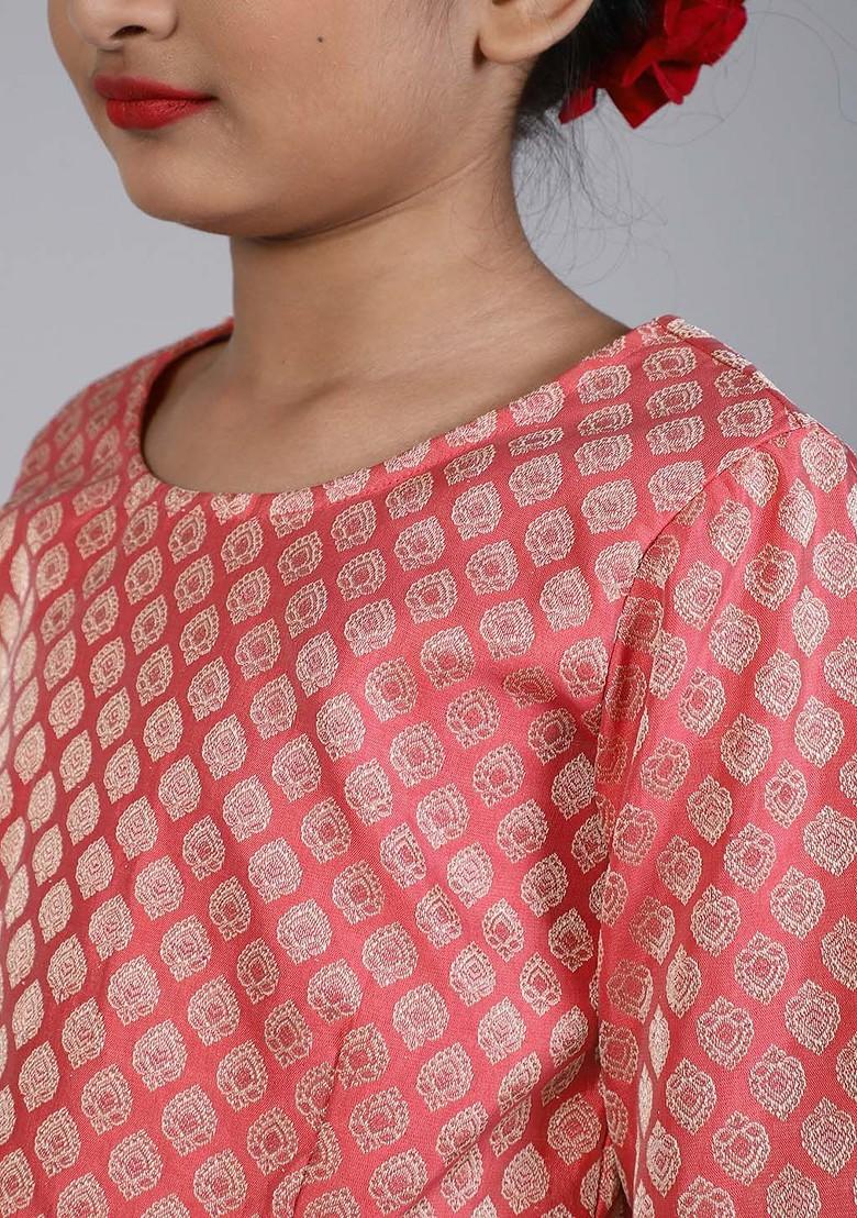 Peach Embroidered Blended Lehenga Choli For Girls - Indya