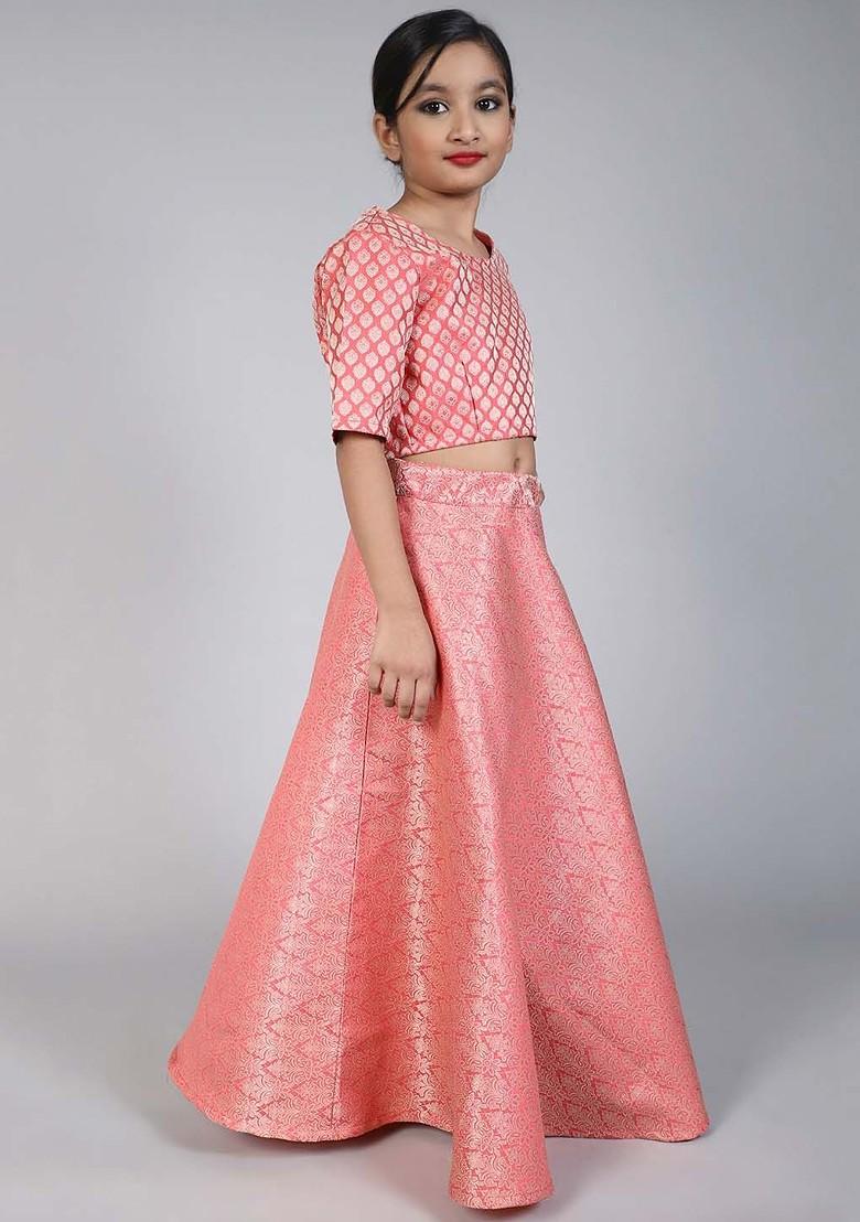 Peach Embroidered Blended Lehenga Choli For Girls - Indya