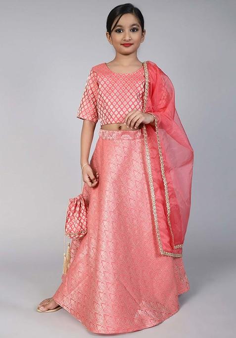 Peach Embroidered Blended Lehenga Choli For Girls — view on Indya