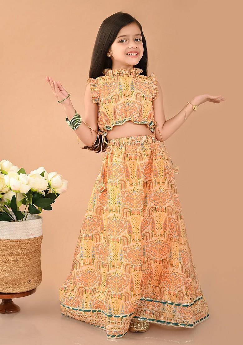 Orange Printed Silk Lehenga Choli For Girls - Indya