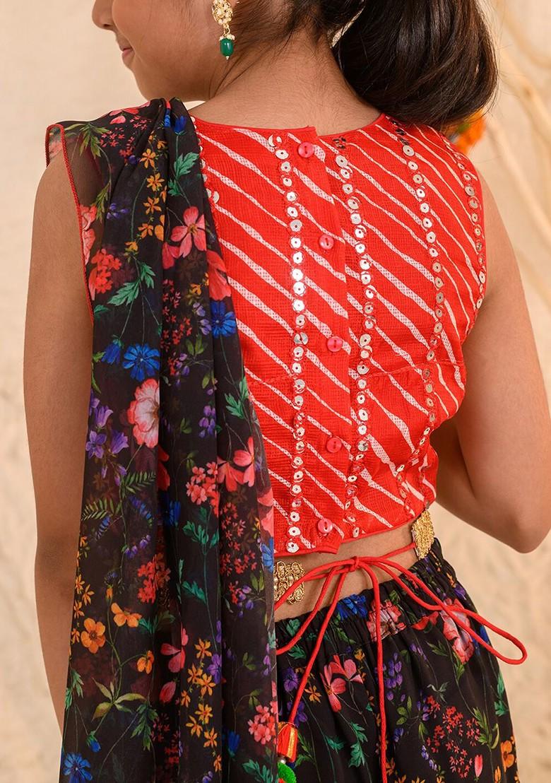 Black Printed Blended Lehenga Choli For Girls - Indya