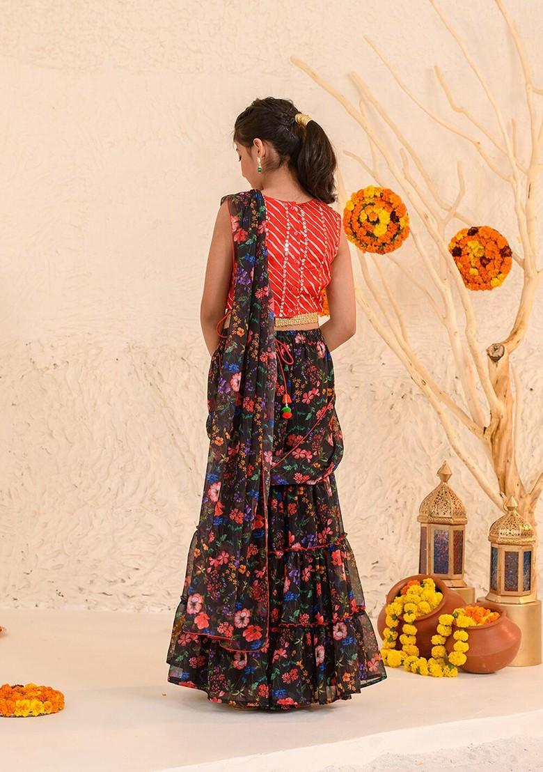 Black Printed Blended Lehenga Choli For Girls - Indya