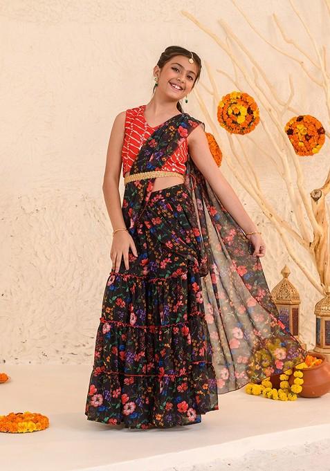 Black Printed Blended Lehenga Choli For Girls — view on Indya