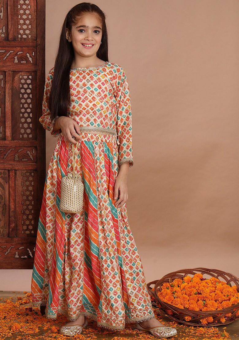 Beige Printed Cotton Blend Lehenga Choli For Girls - Indya