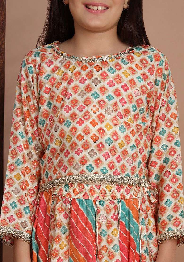 Beige Printed Cotton Blend Lehenga Choli For Girls - Indya