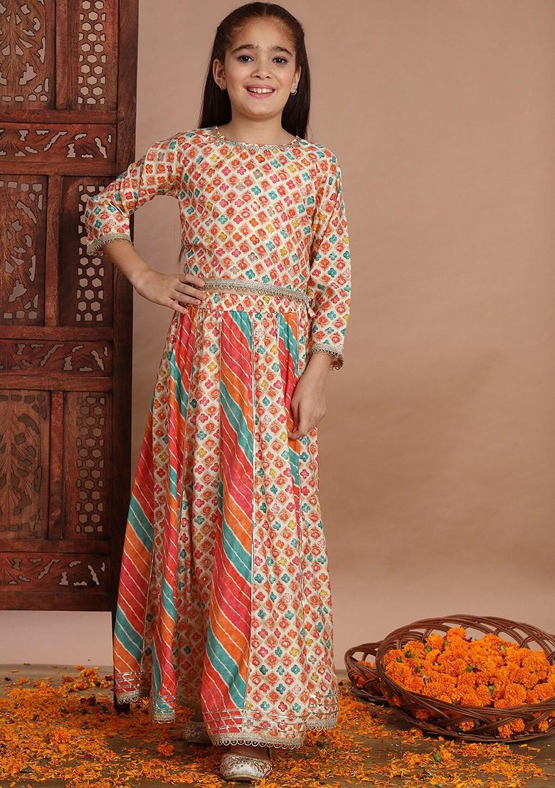 Beige Printed Cotton Blend Lehenga Choli For Girls - Indya