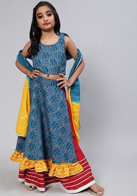 Blue Printed Blended Lehenga Choli For Girls
