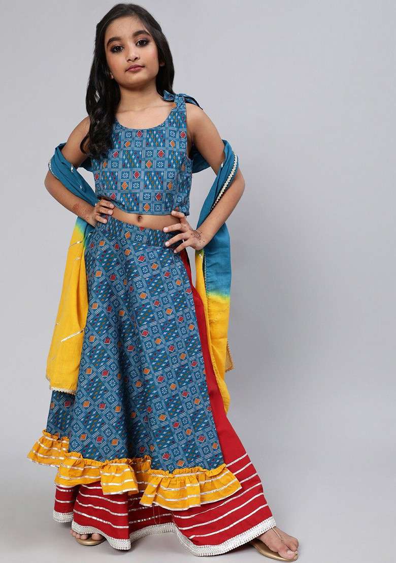 Blue Printed Blended Lehenga Choli For Girls - Indya