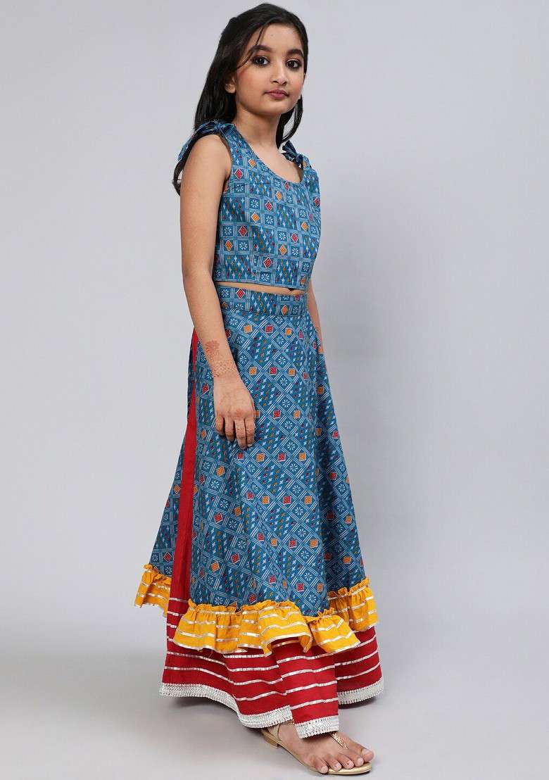 Blue Printed Blended Lehenga Choli For Girls - Indya