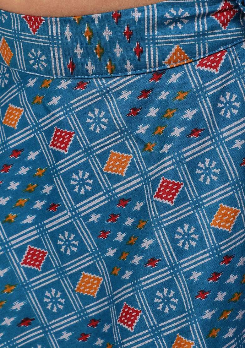 Blue Printed Blended Lehenga Choli For Girls - Indya