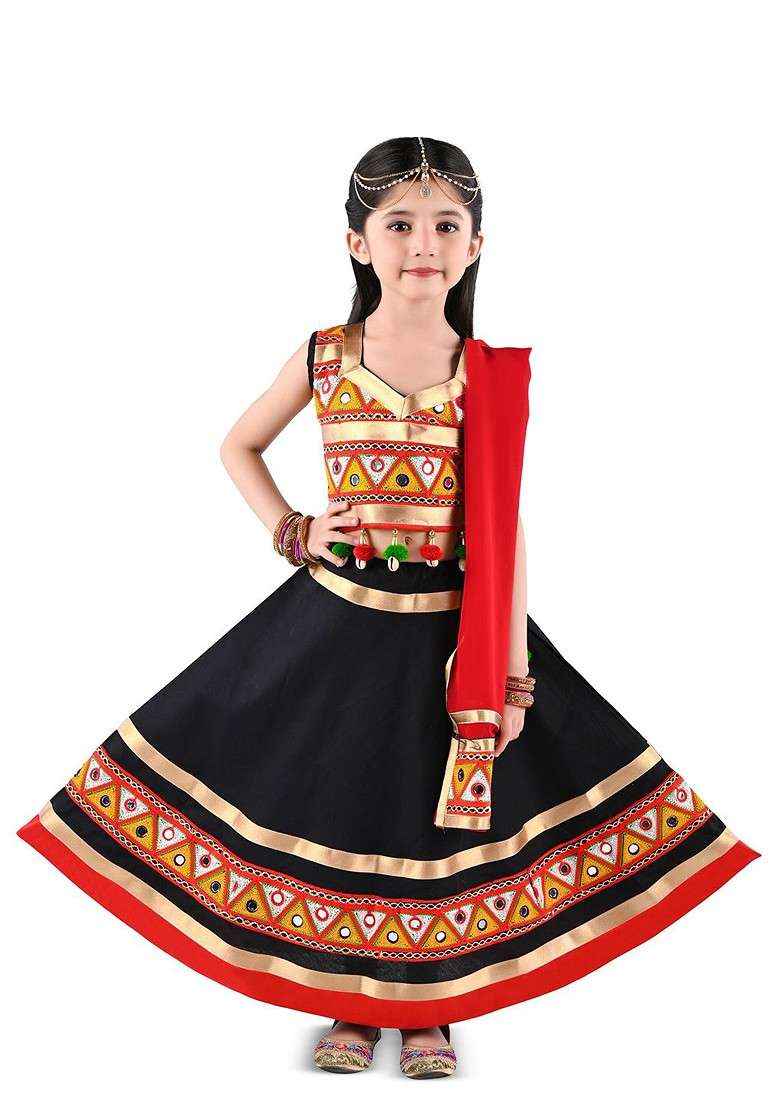 Black Embroidered Blended Lehenga Choli For Girls - Indya