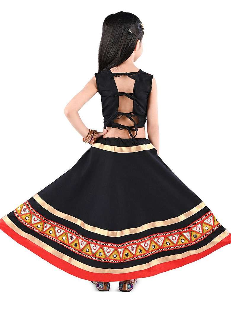 Black Embroidered Blended Lehenga Choli For Girls - Indya