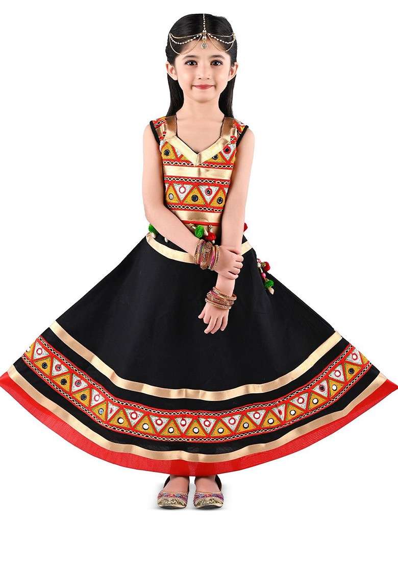 Black Embroidered Blended Lehenga Choli For Girls - Indya