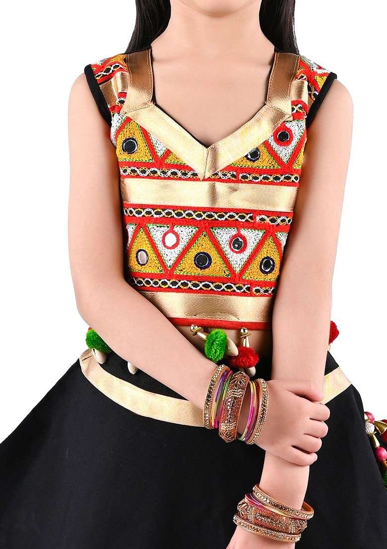 Black Embroidered Blended Lehenga Choli For Girls - Indya