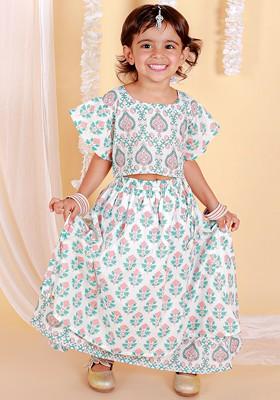 Multicolor Embroidered Cotton Blend Lehenga Choli For Girls