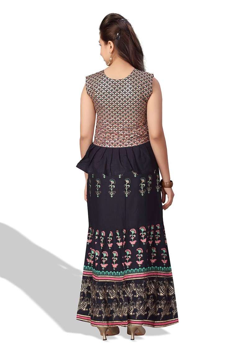 Navy Blue Printed Cotton Blend Lehenga Choli For Girls - Indya