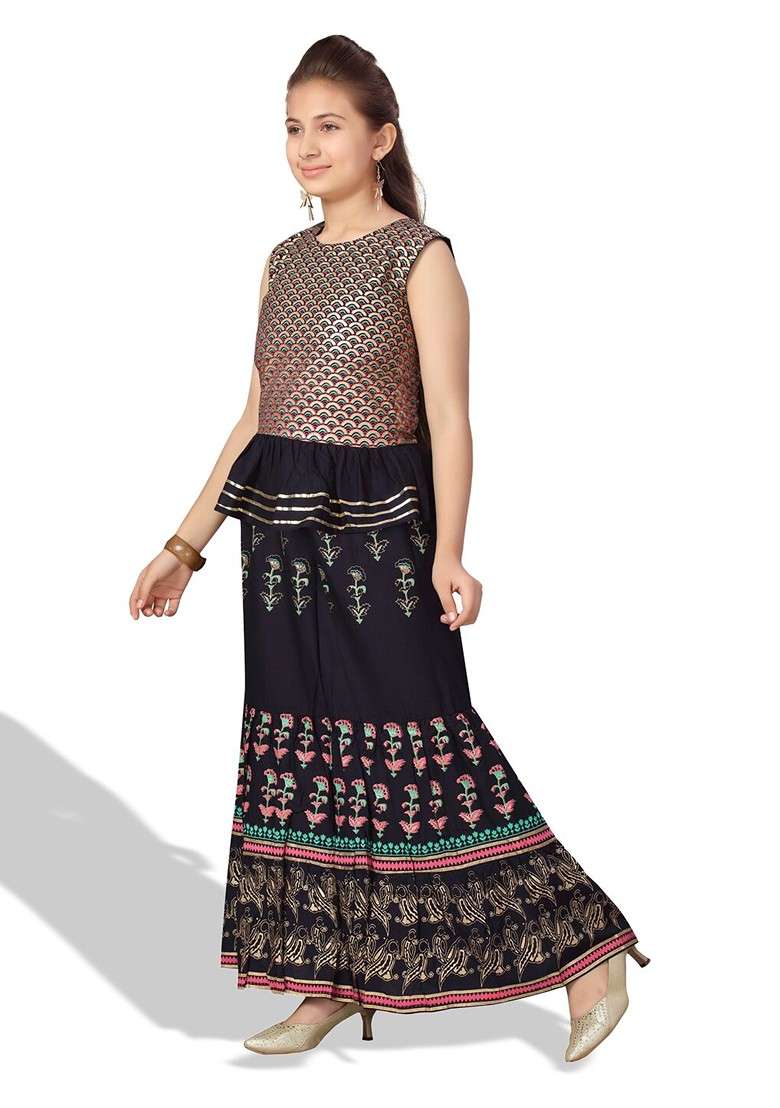 Navy Blue Printed Cotton Blend Lehenga Choli For Girls - Indya