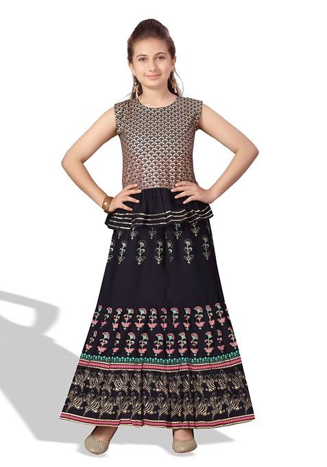 Navy Blue Printed Cotton Blend Lehenga Choli For Girls — view on Indya