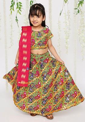 Green Embroidered Cotton Blend Lehenga Choli For Girls