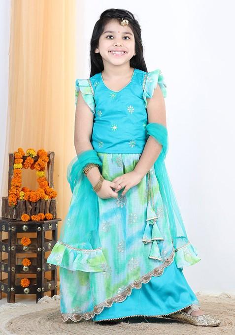 Blue Embroidered Blended Lehenga Choli For Girls