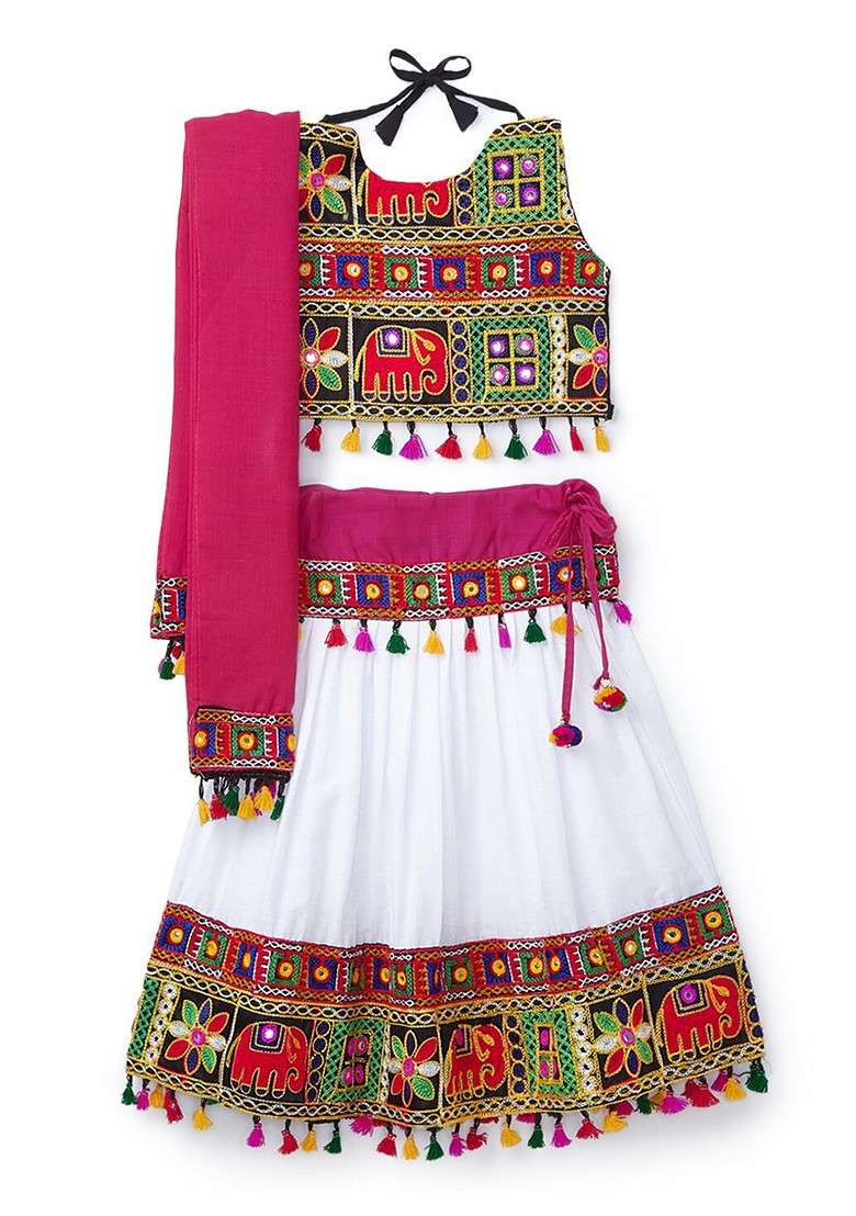 White Embroidered Blended Lehenga Choli For Girls - Indya