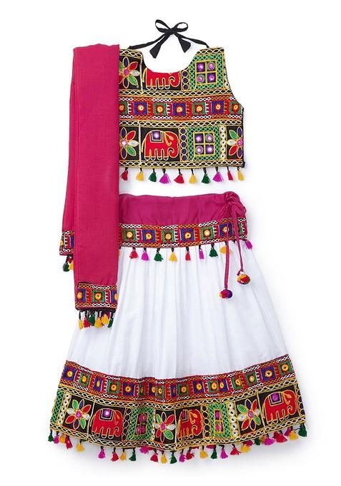 White Embroidered Blended Lehenga Choli For Girls