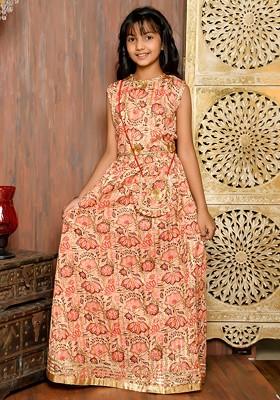 Peach Printed Blended Lehenga Choli For Girls