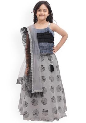 Grey Embroidered Blended Lehenga Choli For Girls