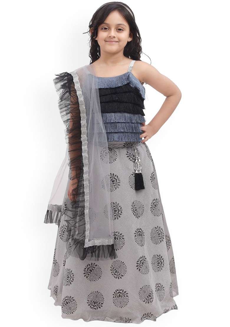 Grey Embroidered Blended Lehenga Choli For Girls - Indya
