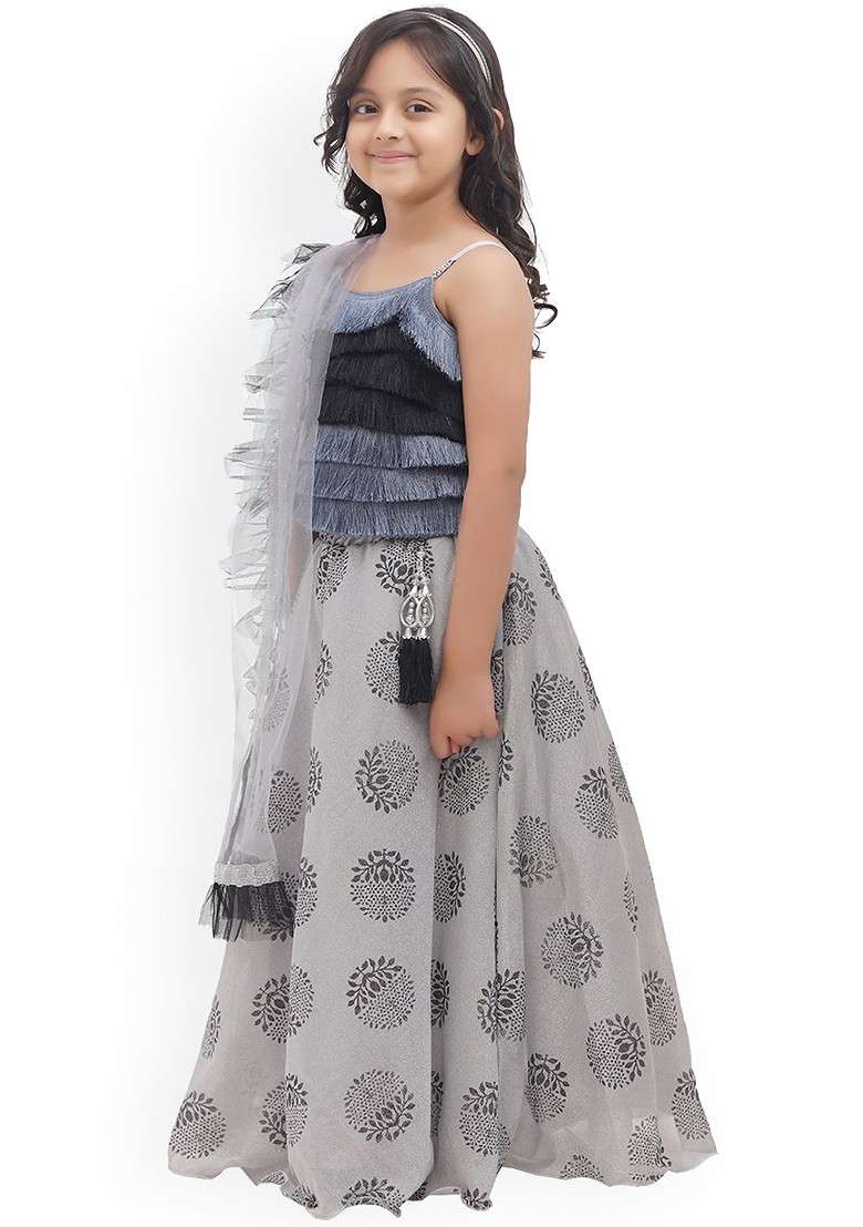 Grey Embroidered Blended Lehenga Choli For Girls - Indya