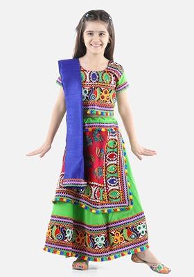 Green Printed Blended Lehenga Choli For Girls