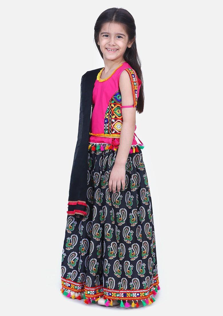 Pink Printed Blended Lehenga Choli For Girls - Indya