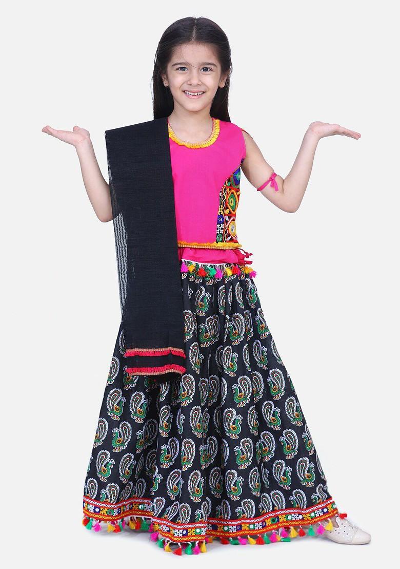 Pink Printed Blended Lehenga Choli For Girls - Indya