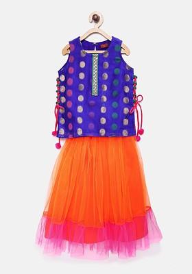 Blue Embroidered Blended Lehenga Choli For Girls