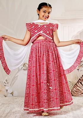 Red Printed Cotton Blend Lehenga Choli For Girls