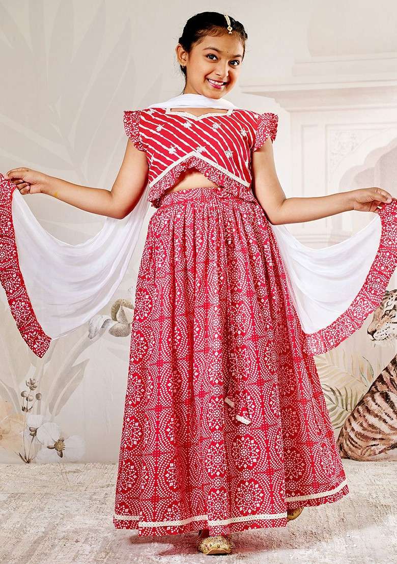Red Printed Cotton Blend Lehenga Choli For Girls - Indya