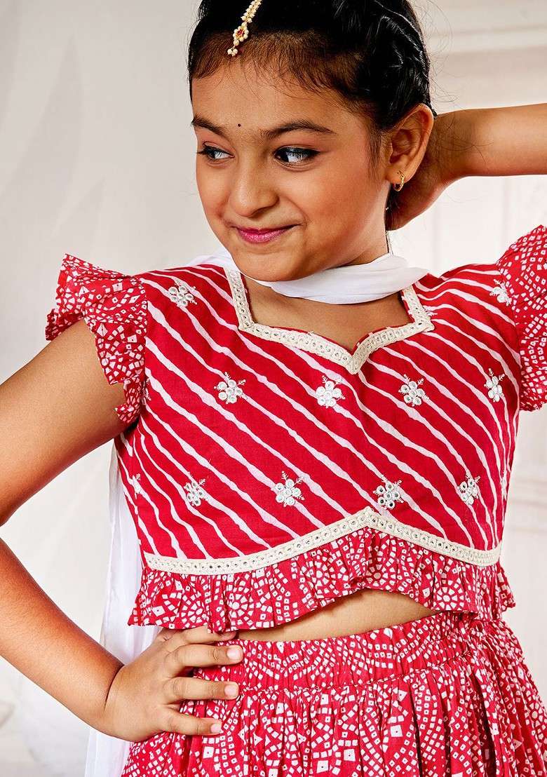 Red Printed Cotton Blend Lehenga Choli For Girls - Indya