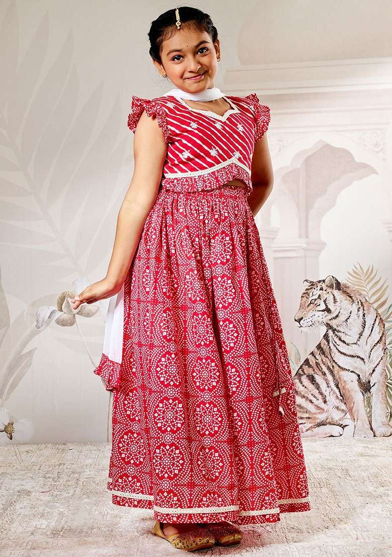 Red Printed Cotton Blend Lehenga Choli For Girls - Indya