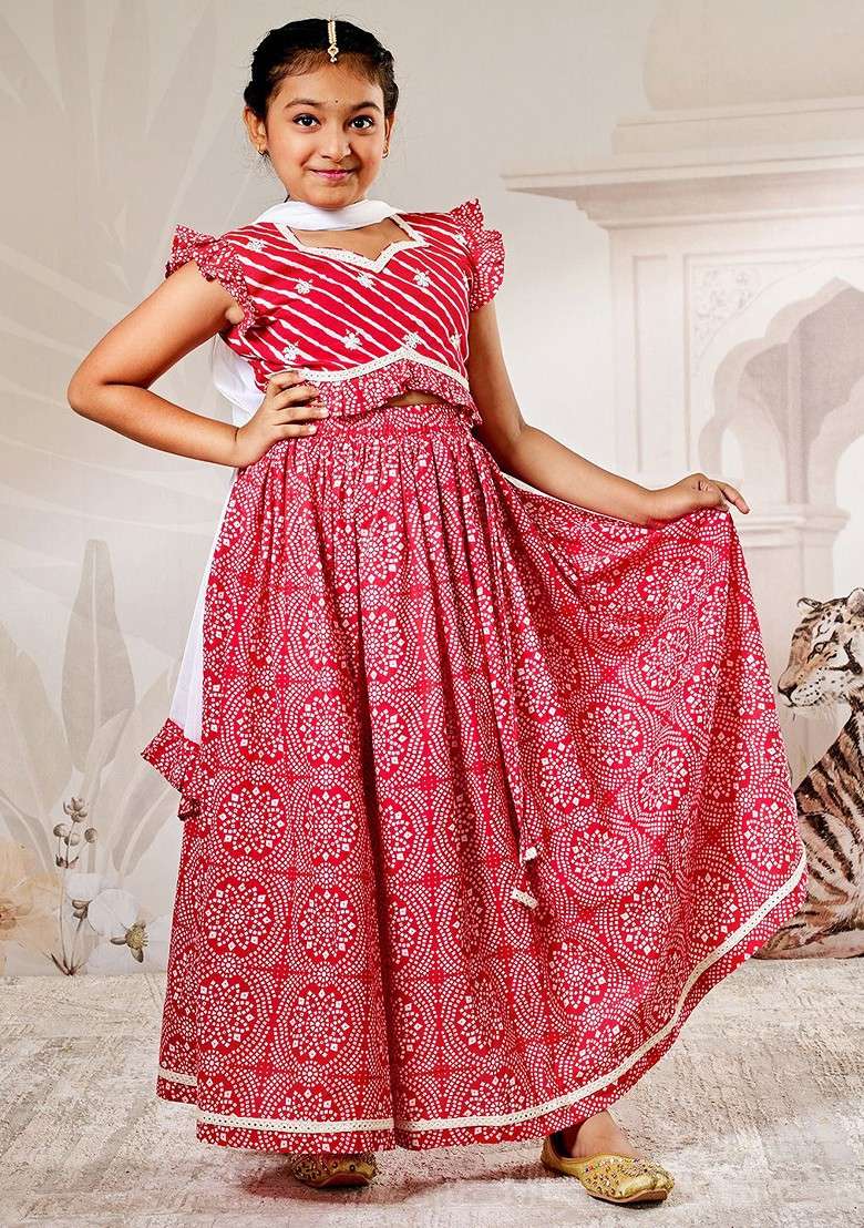 Red Printed Cotton Blend Lehenga Choli For Girls - Indya