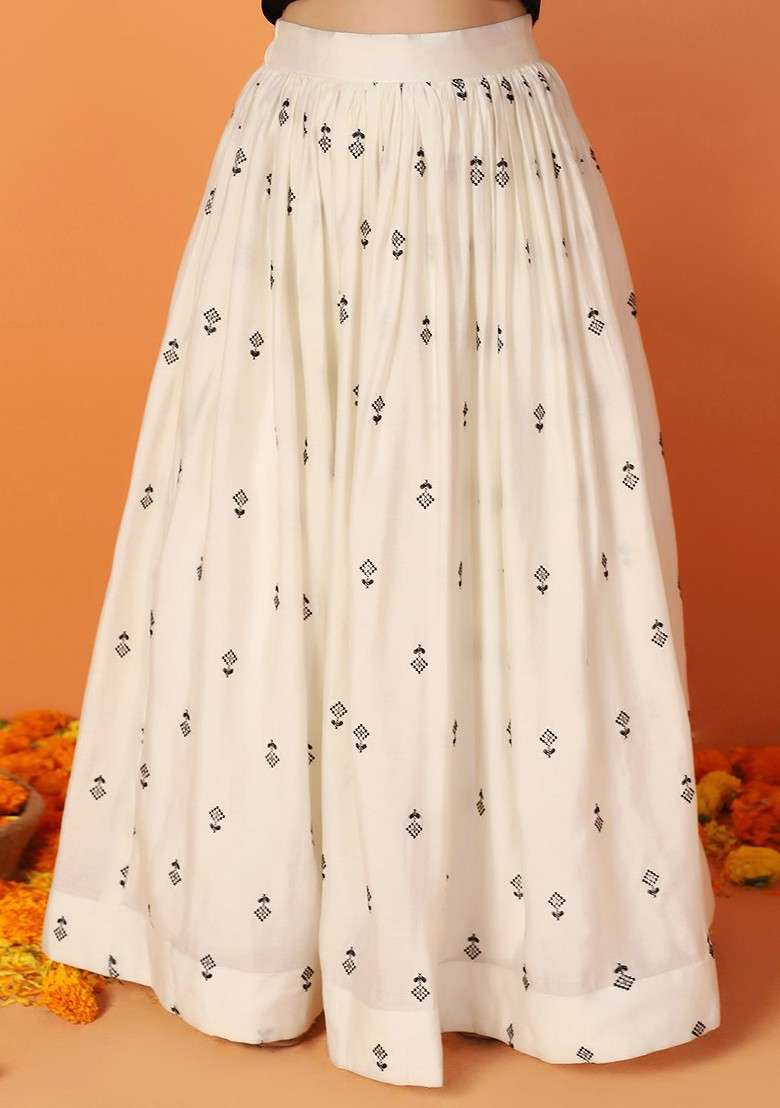 White Embroidered Blended Lehenga Choli For Girls - Indya