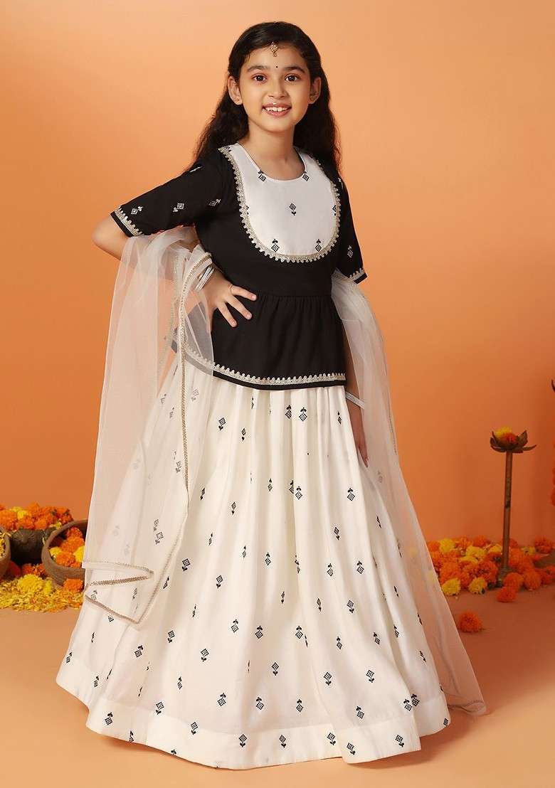 White Embroidered Blended Lehenga Choli For Girls - Indya