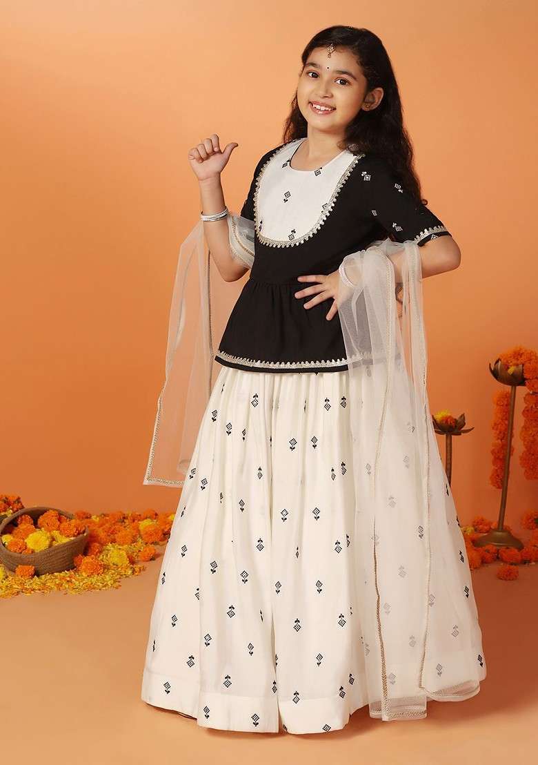 White Embroidered Blended Lehenga Choli For Girls - Indya