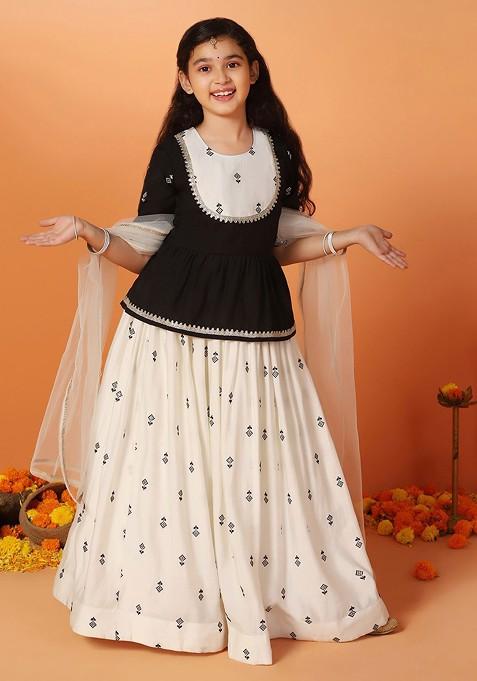 White Embroidered Blended Lehenga Choli For Girls