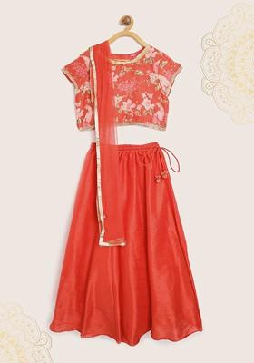Red Embroidered Blended Lehenga Choli For Girls